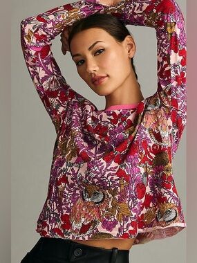 Anthropologie Maeve Pink & Red Floral Owl Crewneck Cropped Long Sleeve Top XS